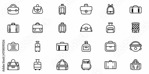 Collection of stylish luggage icons in black and white, perfect for travel, vacation, and business trips, ideal for web design and branding