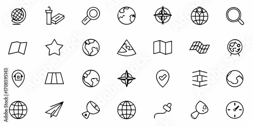 Travel and exploration icons featuring globe, map, compass, location marker, magnifying glass, and time, perfect for design projects