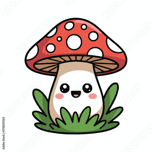 Vector art of cute mushroom character adorable mushroom with big eyes and smile vector illustration of a kawaii mushroom funny mushroom cartoon character for kids