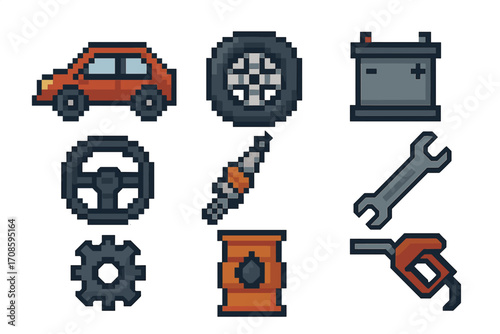 Pixel automotive icon set with car, wheel, battery, steering wheel, spark plug, wrench, gear, oil barrel, and fuel gun. 8-bit auto repair and service graphic elements.