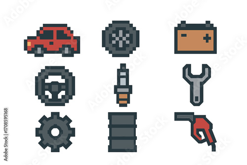 Pixel art automotive icon set for car repair service. 8-bit vehicle parts collection with wheel, battery, steering wheel, spark plug, wrench, gear, oil, and fuel gun.