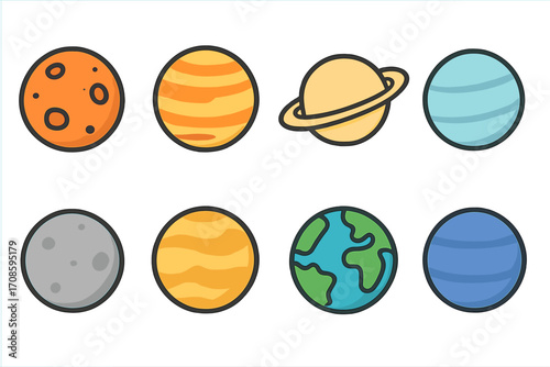 Planet icon set. Solar system cartoon illustration. Astronomy & space exploration symbols. Flat vector graphic elements for kids. Universe, galaxy, celestial bodies collection.