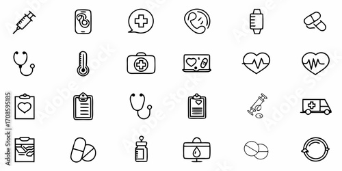 Modern health and medical icons for healthcare, telehealth, wellness, and pharmaceutical designs, representing various medical concepts