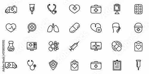 Medical icons and symbols representing healthcare, medicine, and treatment, perfect for health, wellness, and medical industry use.