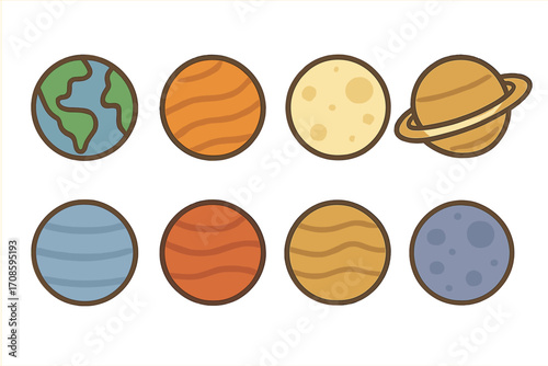 Planet icon set. Solar system planets vector illustration. Cartoon flat astronomy science graphic element. Space objects collection. Earth, Saturn, Mars, moon celestial body symbol.
