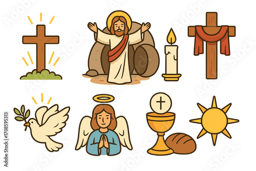Christian Easter religion cartoon icon set. Jesus Christ resurrection, holy cross, praying angel, peace dove, eucharist chalice. Holy bible story vector graphic symbols.