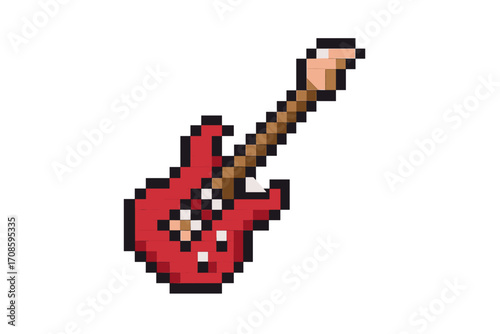 Red electric guitar pixel art vector icon. 8 bit retro video game musical instrument sprite. Rock music graphic symbol for arcade game. Digital illustration on white background.