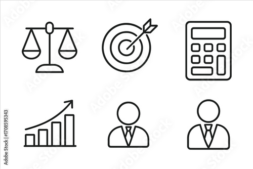 Business success and finance line icon set. Includes scales of justice, target, calculator, growth chart, and businessman avatar. Law, strategy, and analysis concepts.