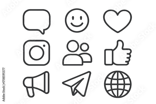 Social media icon set. Thin line symbols for web and mobile app UI design. Vector icons like comment, share, follower, message, notification and internet. For website design.