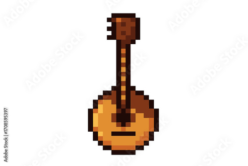 Lute pixel art icon. 8-bit mandolin musical instrument sprite for retro video game. Acoustic string instrument for folk music. Medieval bard or minstrel song vector illustration.