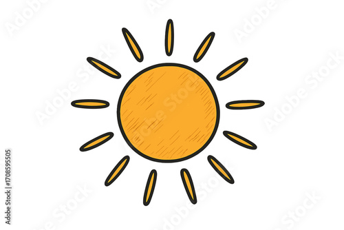 Sun icon in a doodle sketch style. Hand-drawn cartoon vector illustration. Symbol for summer, sunshine, light, heat, energy, and warmth. Simple yellow weather forecast sign.