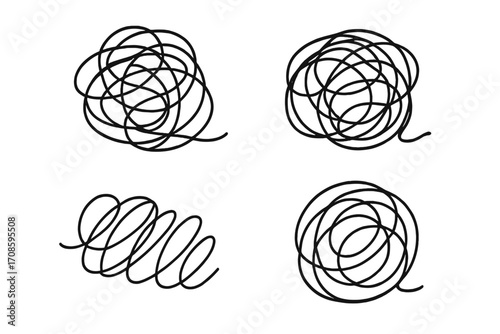 Chaos and order concept. Tangled and untangled scribble line. Messy clew for psychology, anxiety, depression or mental health metaphor. Complex problem solving symbol set.