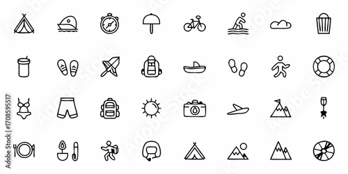 Outdoor adventure and travel icons for vacation, hiking, and summer activities, perfect for websites, apps, and promotional materials