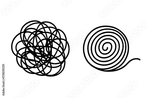 Chaos and order concept. Tangled and untangled thread. From complex to simple. Psychology, therapy and problem solving metaphor. Mental health and stress relief symbol.