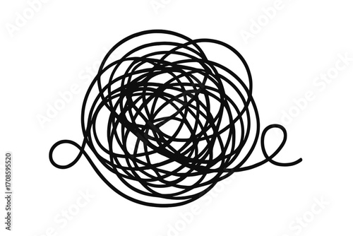 Tangled and untangled chaos line. Abstract scribble metaphor for problem and solution. Concept of confusion, disorder, and clarity. Psychology, anxiety, and stress path.