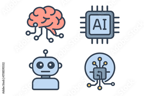 Artificial intelligence icon set. Technology concepts like machine learning, robot, AI chip and neural network. Digital brain, android and processor vector illustrations.
