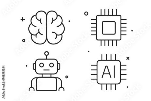 AI icon set. Artificial intelligence, machine learning concept. Technology outline icons bundle. Brain, chip, robot, processor symbols. Digital innovation, futuristic tech vector.