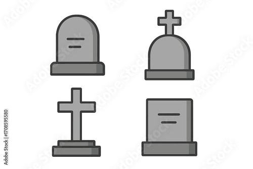 Tombstone icon set grave symbol. Headstone cross gravestone collection. Vector death funeral design. Cemetery memorial cartoon illustration. Halloween flat elements RIP sign.