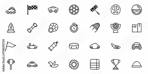 Collection of playful, line-art icons perfect for design projects, web elements, racing, sports, hobbies, and more, ready for use