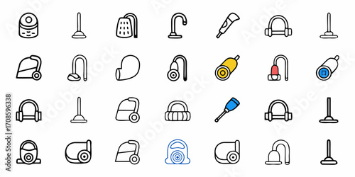 Collection of cleaning tools and equipment icons for home or commercial use, representing a variety of cleaning and sanitation solutions