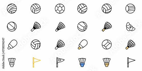 Sports equipment icons collection showcasing various balls, rackets, badminton shuttlecocks, and flags for diverse athletic activities