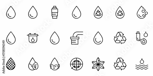 Water Icons: Clean water, recycling, and sustainability concepts for environmental projects, eco-friendly designs, and resource management
