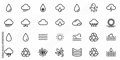 Weather and Nature Icons: Modern minimalist set depicting rain, snow, clouds, sun, waves, and recycling for design projects