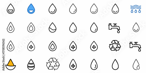 Water drop icons representing fresh water, conservation, recycling, and sustainability for environmental awareness and resource management