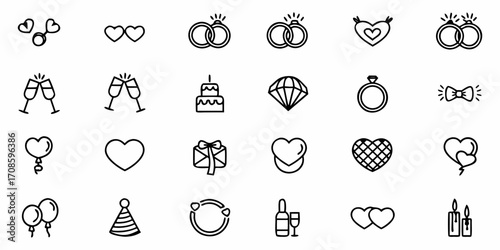 Wedding and celebration icons in black and white, perfect for invitations, announcements, and romantic designs that evoke joy and love
