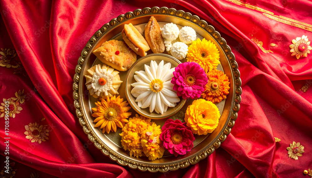 Fototapeta premium Decorative thali with colorful flowers, diya, and traditional Indian sweets arranged for celebration.