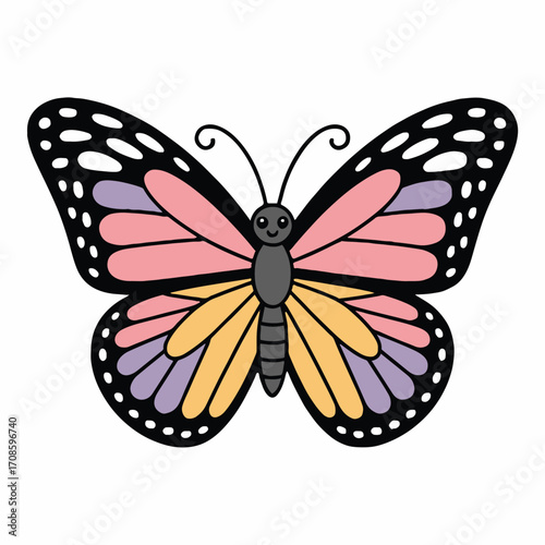 Vector art of colorful butterfly cartoon beautiful butterfly with intricate wing patterns, ideal for naturethemed projects, decorative elements, or educational resources vector illustration
