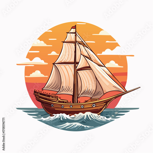 Vintage Sailing Ship at Sunset Ocean Scene Illustration