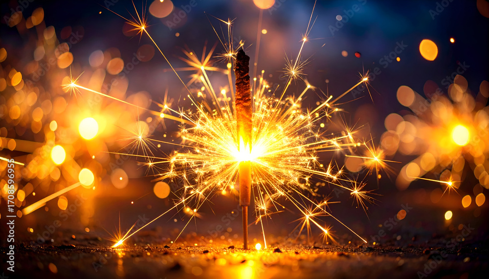 Fototapeta premium A bright close-up of a sparkling firecracker glowing with golden festive light.