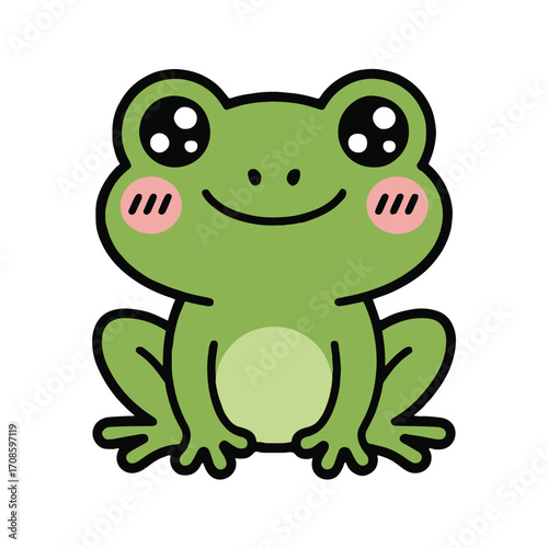 Vector art of cute frog cartoon adorable amphibian with green skin and big eyes smiling frog character for kids books, cards, posters, and prints happy frog illustration