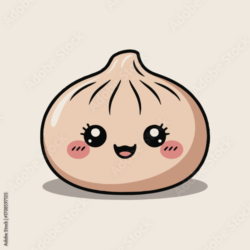 Vector art of charming dumpling cartoon character with a sweet expression and blush, ideal for stickers, prints, or social media content, presented on a light beige background, evoking a sense of comf