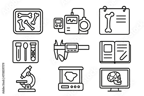 Anthropology Lab Icons. Line style icons of anthropology lab items: specimen tray, carbon dating device, bone chart, genetic