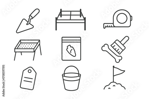 Archaeological Tools Icons. Line style icons of archaeological tools: trowel, excavation grid, measuring tape, soil sifter,