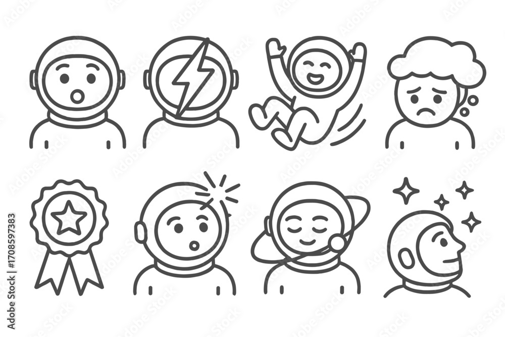 Space Tourist Emotions Icons. Line style icons of space tourist emotions: awe face icon, thrill lightning, floating joy icon,