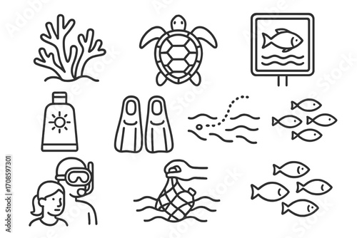 Marine Eco-Tourism Icons. Line style icons of marine eco-tourism: coral reef icon, sea turtle view, marine sanctuary zone,