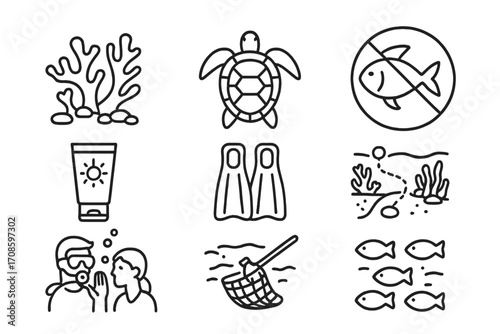 Marine Eco-Tourism Icons. Line style icons of marine eco-tourism: coral reef icon, sea turtle view, marine sanctuary zone,
