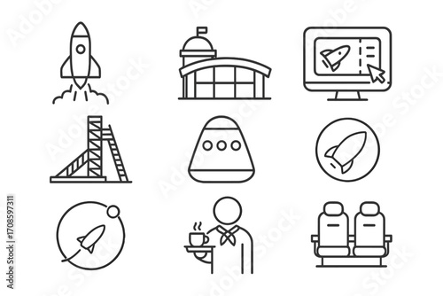 Spaceflight Iconography. Line style icons of commercial spaceflight companies: rocket launch icon, spaceport terminal, ticket