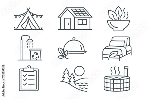 Eco-Luxury Glamping Icons. Line style icons of glamping and eco-luxury: tent with fairy lights, solar-powered cabin, eco spa icon,