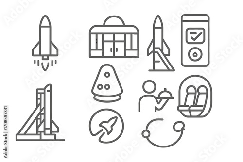 Spaceflight Iconography. Line style icons of commercial spaceflight companies: rocket launch icon, spaceport terminal, ticket