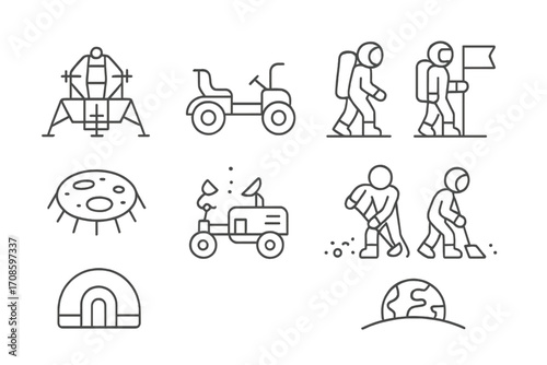 Moon Exploration Icons. Line style icons of moon tourism: lunar module icon, moon buggy, surface walk symbol, crater landmark,