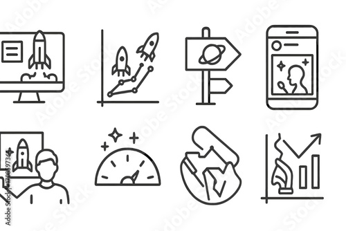Space Tourism Icons. Line style icons of public perception of space tourism: launch news icon, space race graph, tourism future