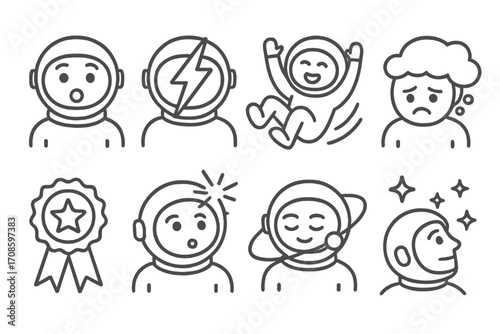 Space Tourist Emotions Icons. Line style icons of space tourist emotions: awe face icon, thrill lightning, floating joy icon,