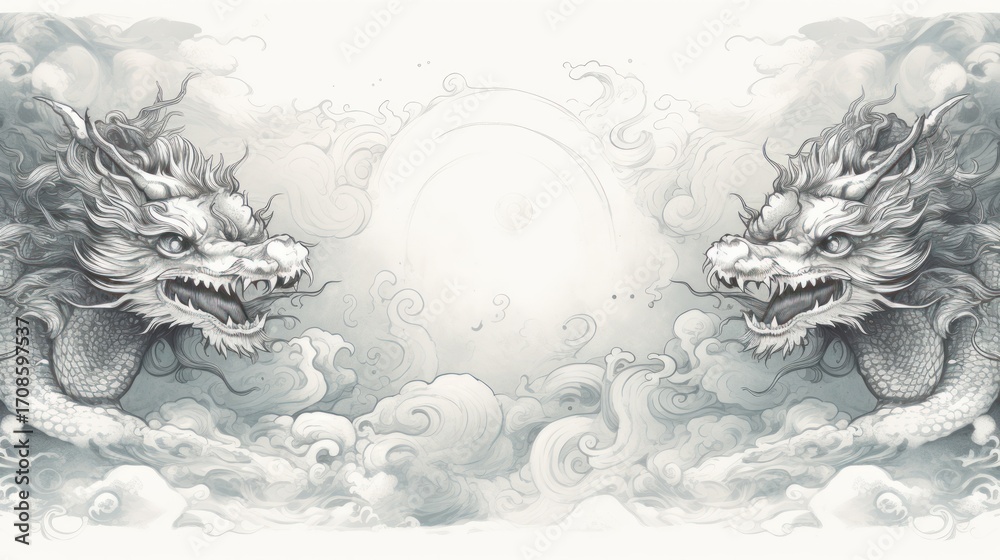 Fototapeta premium Dragons silhouettes clouds background