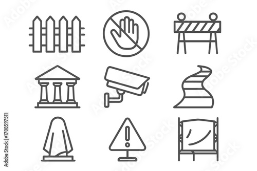 Protective Measures Icons. Line style icons of protective measures: fenced site, do not touch sign, site closed barrier, protected
