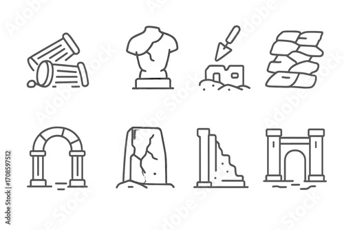 Ancient Ruins Icons. Line style icons of preserved ruins: fallen columns, broken statue, excavation site, ancient road, ruined
