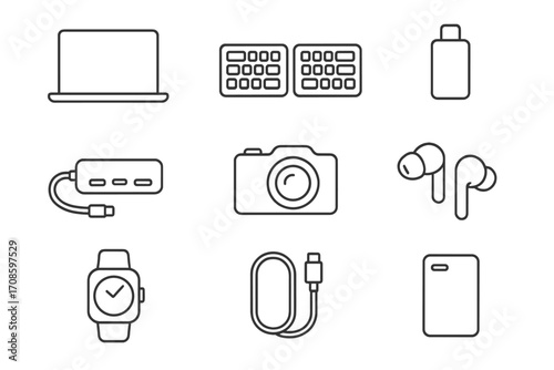 Minimal Tech Gear Icons. Line style icons of minimal tech gear: slim laptop, foldable keyboard, pocket SSD, USB-C hub, compact